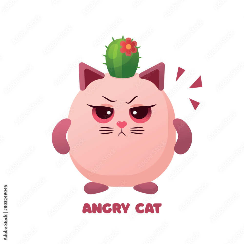Vector illustration with an angry cat on a white background. Cactus on the head. Emotions. Vector illustration with an angry cat on a white background. Cactus on the head. Emotions.