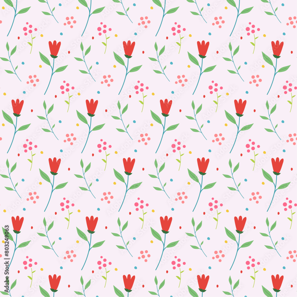 Seamless spriinig soft patttern with red flowers, green leaves for wrapping, holidays, packaging, wallpapers, notebooks, fabrics