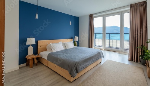 Simple modern bedroom interior ideas, blue wall, cozy bed, minimalistic design