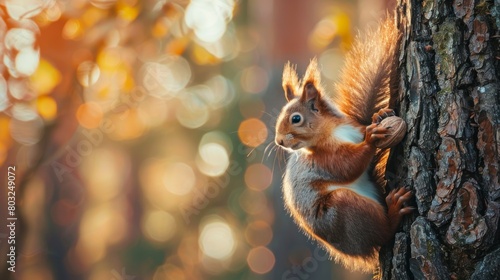 cute squirrel on a tree branch eating a nut with out of focus background