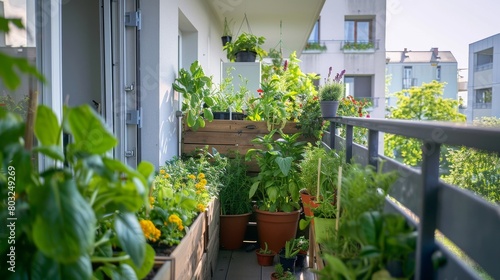 A compact urban garden on a balcony, utilizing vertical space for growing a variety of vegetables and flowers