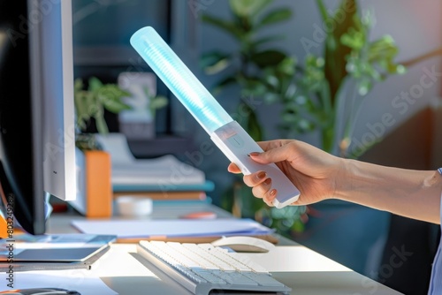 Hand holding a uv light sanitizer over a keyboard in an office setting, emphasizing modern hygiene and disinfection processes in the workplace to maintain cleanliness and health photo