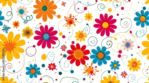Colorful Floral Pattern with Swirls on White Background,Vibrant Retro Style for Gift Wrap or Textile