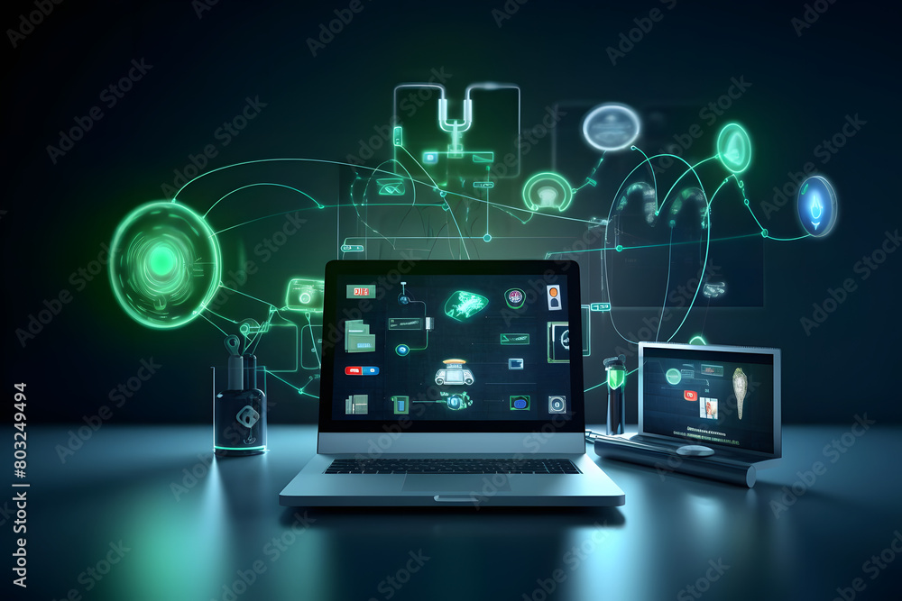 Telemedicine Interface with Green and Blue Medical Devices Showing Telehealth Solutions on Dark Background Telemedicine Interface with Green and Blue Medical Devices Showing Telehealth Solutions on Dark Background