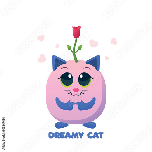 Vector illustration with a cat in love on a white background. Flower on the head on the head. Emotions.