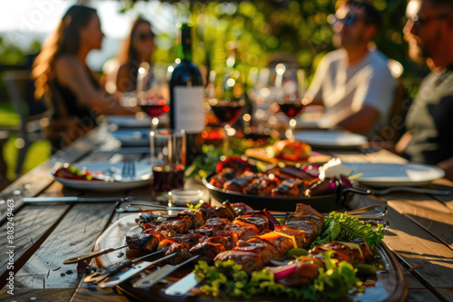 Experience the joy of a backyard BBQ dinner table, with delicious grilled meat, salads, and wine, surrounded by happy and joyful people enjoying a festive outdoor meal.