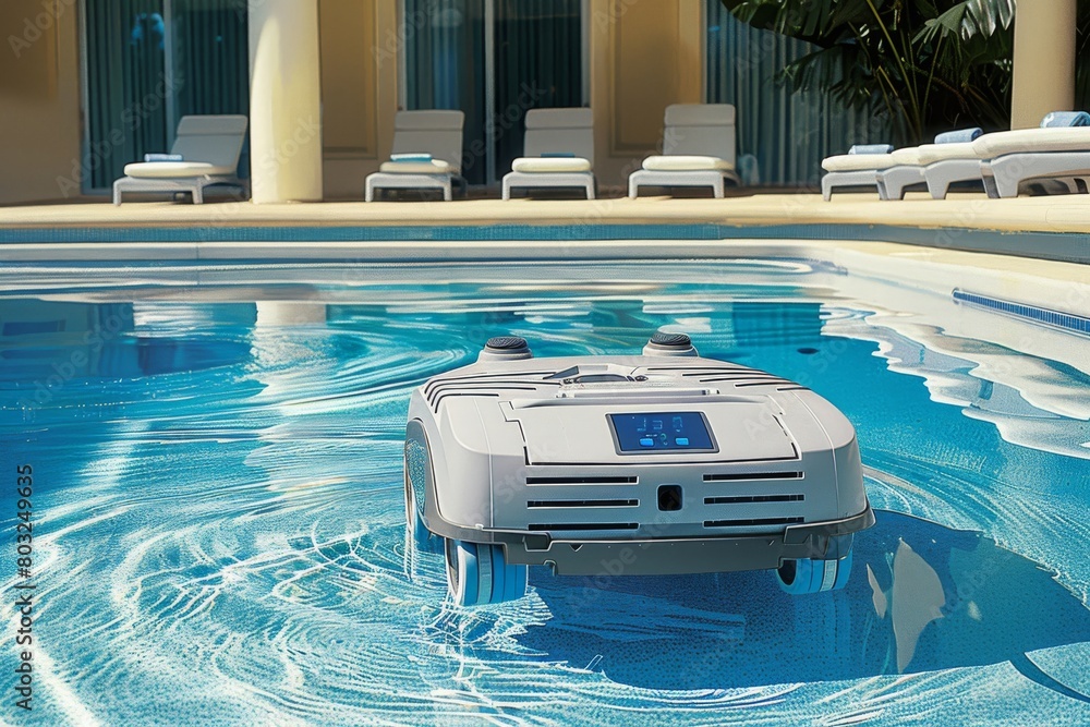 Modern robotic pool cleaner navigates the clear waters of a luxurious ...