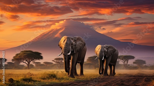 Majestic elephants wandering at sunset with Mount Kilimanjaro in the backdrop