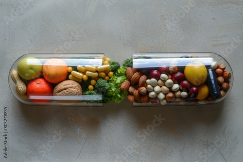 Experience the power of medicine and nutrition in one image, portraying a capsule filled with vital vitamins and minerals derived from natural sources like fruits, vegetables, nuts, and beans. photo