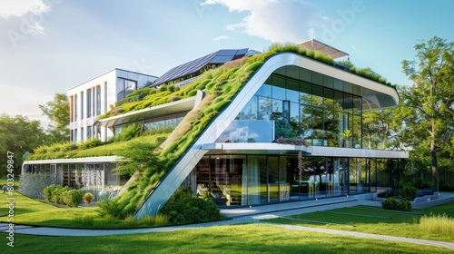 A modern office building with a green roof  solar panels  and energy-efficient windows