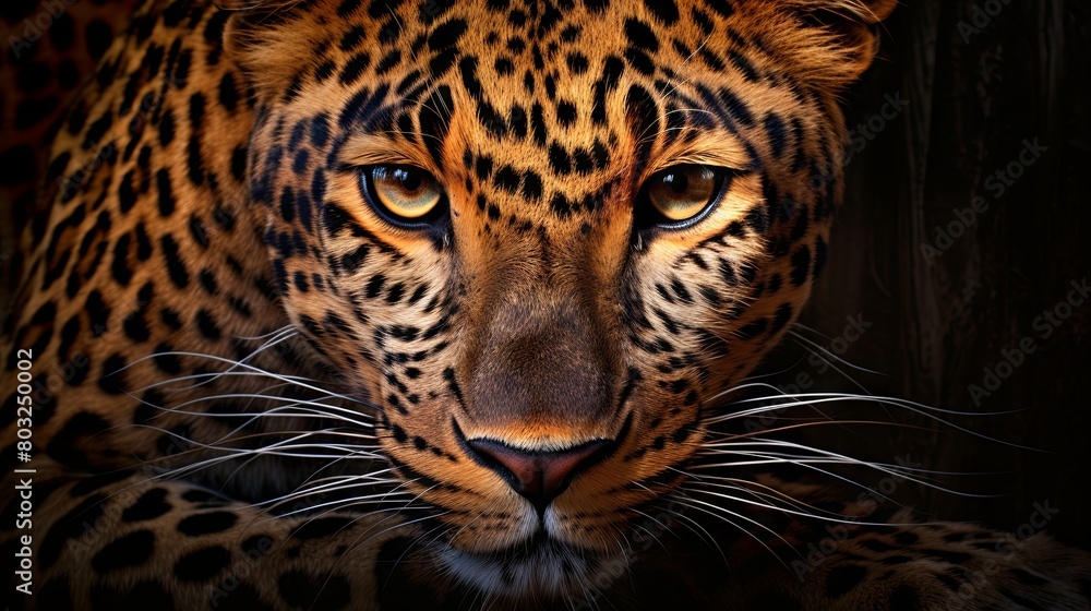 Intense gaze of a majestic wild leopard close-up Intense gaze of a majestic wild leopard close-up