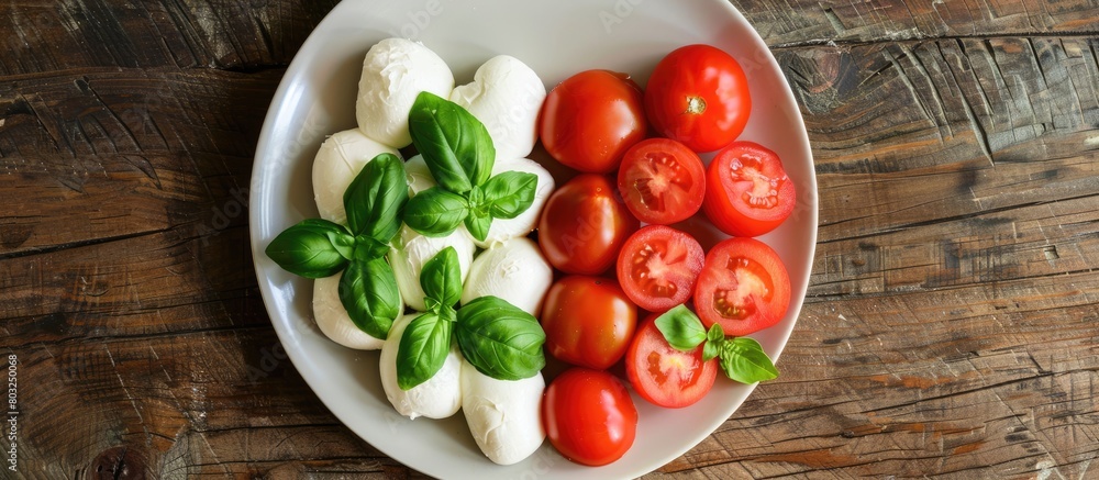 Italian Basil, buffalo mozzarella, and tomatoes arranged in a heart shape resemble the Italian flag on a plate against a wooden table background, Italian Basil, buffalo mozzarella, and tomatoes arranged in a heart shape resemble the Italian flag on a plate against a wooden table background,