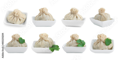 Delicious khinkali (dumplings) isolated on white, set