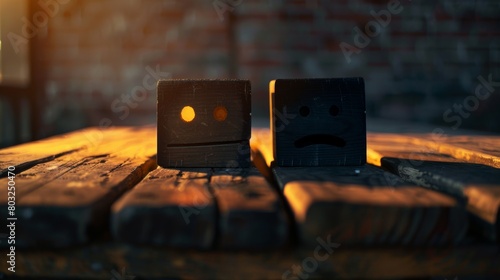 Mental health and emotional state, Smile face in bright side and sad face in dark side on wooden block cube for positive mindset selection, expression, mask, bipolar, generate by AI