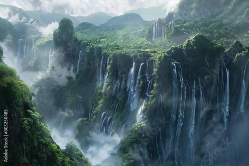spectacular fantasy landscape featuring majestic waterfalls cascading down lush cliffs panoramic scenery digital matte painting 1