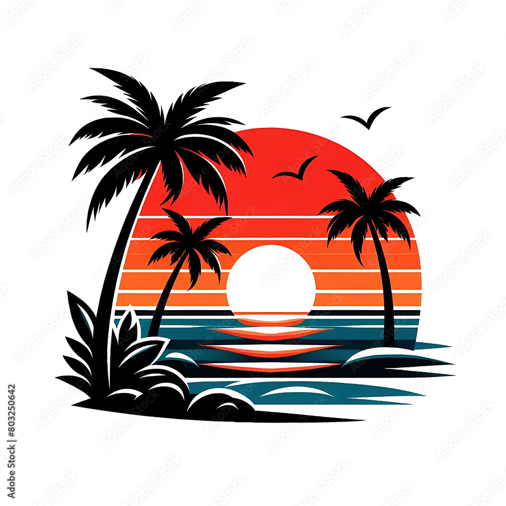 Summer background with sunset and palm trees illustration