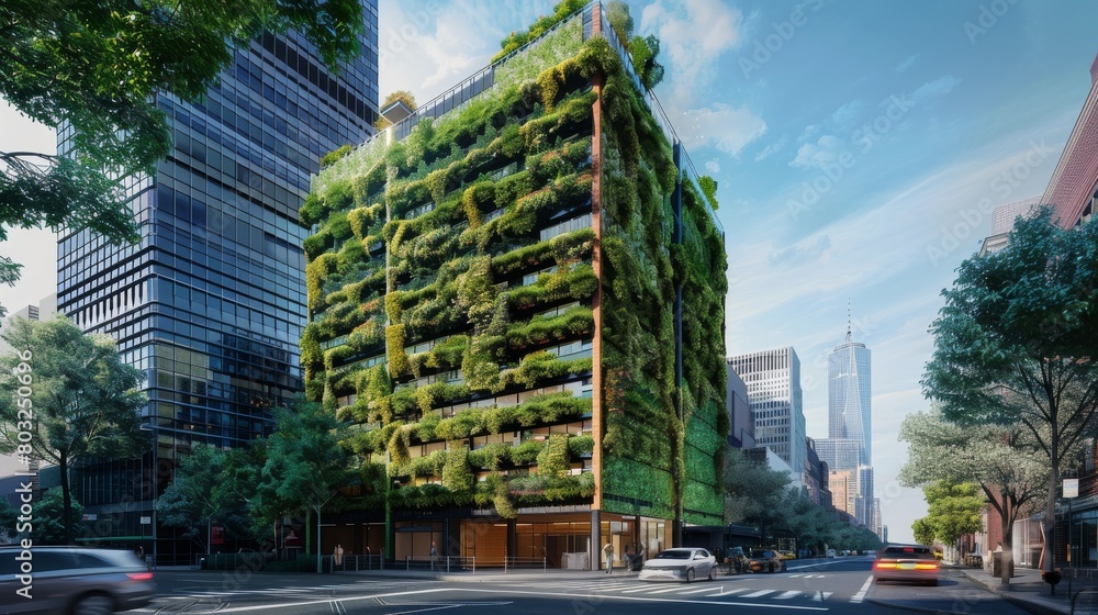 Fototapeta premium An eco-friendly office building with vertical gardens covering its facade, located in a busy city center