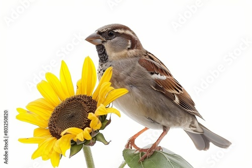 spunky sparrow perched on sunflower stem inquisitive pose isolated on white charming bird wildlife photo photo