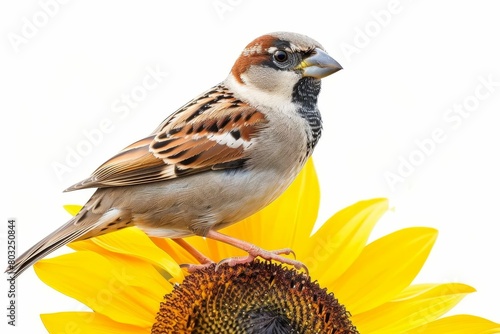 spunky sparrow perched on sunflower stem inquisitive pose isolated on white charming bird wildlife photo photo