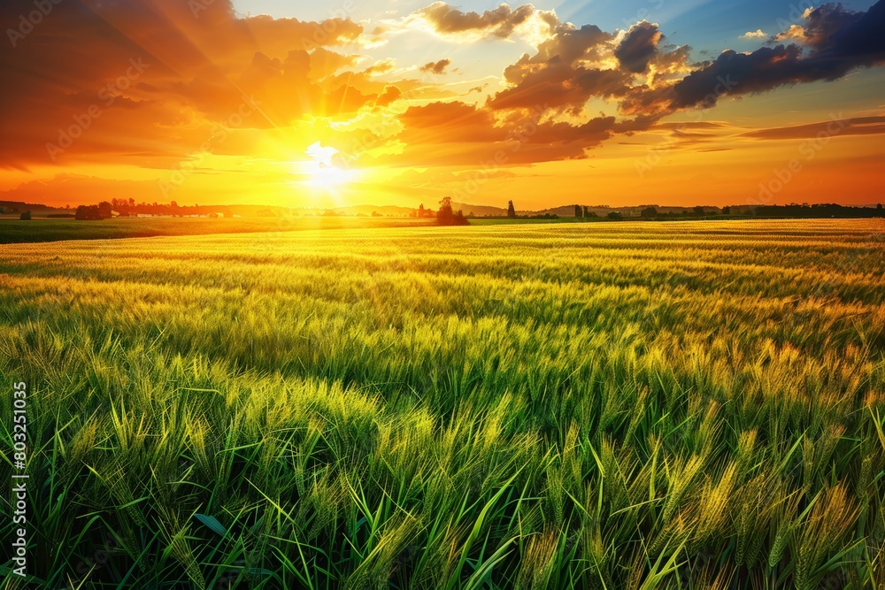 A field of grass under a setting sun in the background, creating a warm glow over the landscape