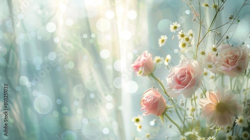 Ethereal floral background with glowing sunshine and delicate roses