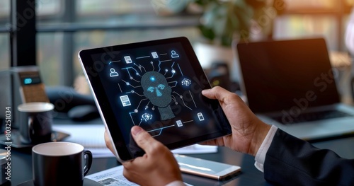 A smartly dressed businessperson confidently holds an iPad as AI icons swirl around them, Generated by AI photo