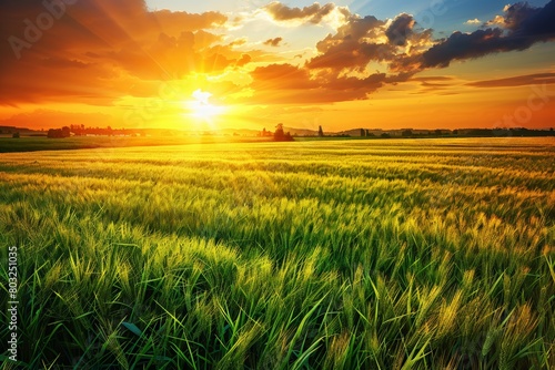 A field of grass under a setting sun in the background  creating a warm glow over the landscape