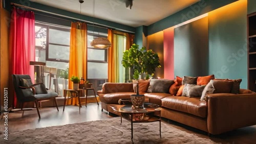 Wallpaper Mural modern living room with colorful curtains and leather sofa Torontodigital.ca