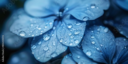 Raindrops Adorn Blue Hydrangea Petals in a Tranquil Garden Scen