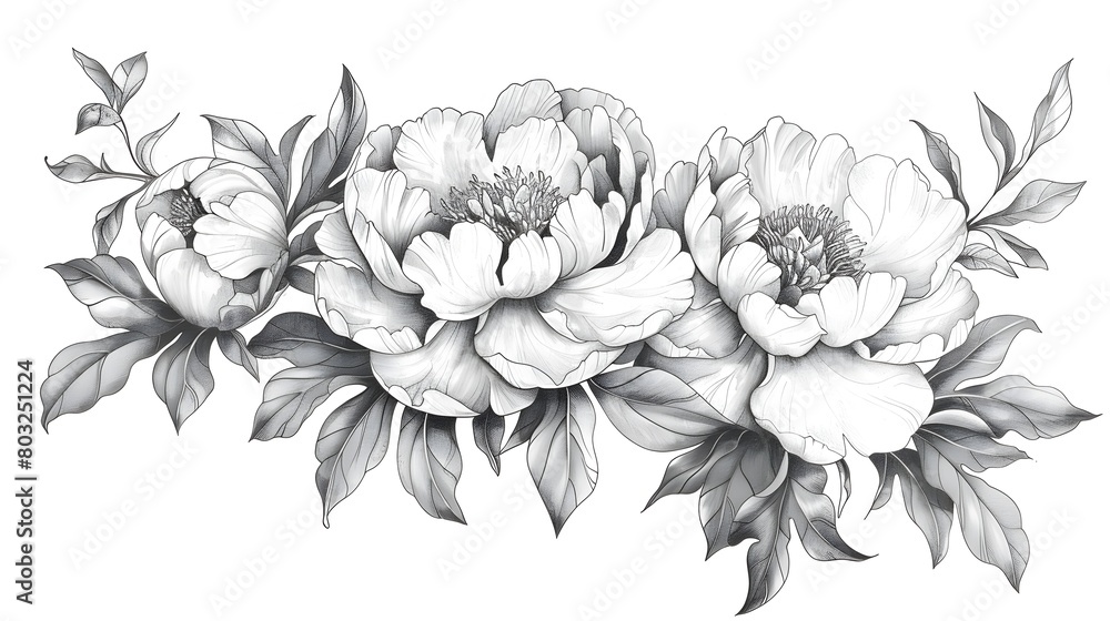 Beautifully Sketched Peony Florals with Lush Foliage in Vertical Alignment