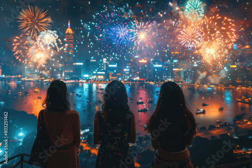 Three women are standing on a balcony overlooking a city with fireworks in the background. Scene is festive and celebratory, as the fireworks are a symbol of joy and excitement