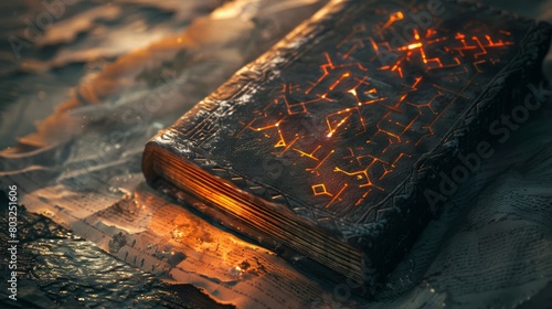 Mystical ancient book with glowing runes on a dark, textured background photo