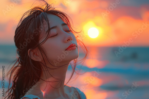 A woman is standing on the beach, looking out at the ocean. She is wearing a red lipstick and has her hair in a ponytail. The sun is setting in the background, creating a warm and peaceful atmosphere © BOW