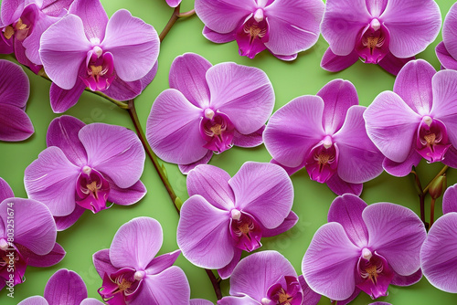 Vibrant display of pink orchids on lush green background with central leaf