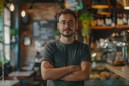 successful small business owner with arms crossed standing proudly in trendy cafe aigenerated © Lucija