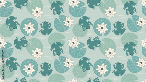 Cute hand drawn colorful cartoon seamless vector pattern background illustration with green frogs, white water lilies flowers and leaves