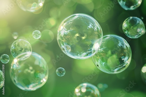 Glistening Bubbles Serenely Floating in a Lush Green Light-Filled Wonderland.