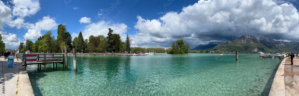 Haute-Savoie, France, 04-25-2024: panoramic view of Annecy lake, the second largest in France, known for being the cleanest in Europe due to strict environmental regulations in place since the 1960s