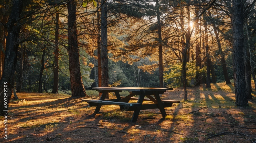 Sun-dappled picnic area with weathered table amidst towering trees, capturing the serene essence of a forest