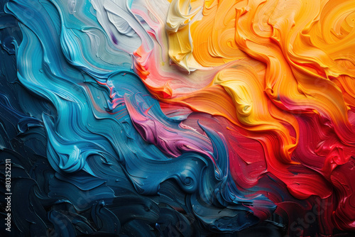 A painting of a wave with blue, yellow, and red colors. The colors are blended together to create a sense of movement and energy. The painting conveys a feeling of excitement and passion photo
