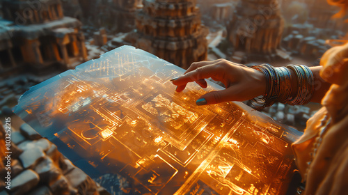 A woman's hand touching a glowing holographic map in front of an ancient temple photo