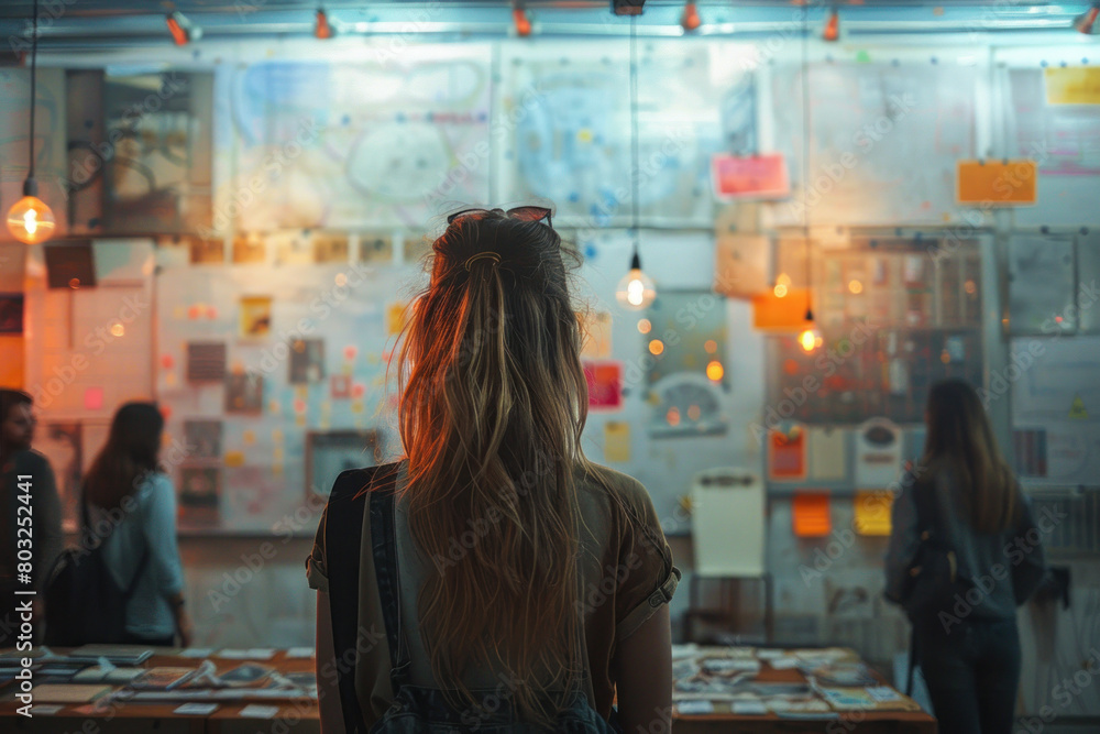 A woman with long hair is looking at a wall covered in papers and maps. She is wearing sunglasses and a brown shirt. The room is dimly lit, and there are several other people in the background A woman with long hair is looking at a wall covered in papers and maps. She is wearing sunglasses and a brown shirt. The room is dimly lit, and there are several other people in the background