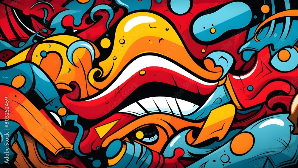 Abstract graffiti background with colorful cartoon characters and numbers in the style of street art. A vivid pattern featuring various shapes, forms, shadows, highlights, and reflections.