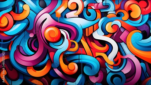 Abstract graffiti background with colorful cartoon characters and numbers in the style of street art. A vivid pattern featuring various shapes, forms, shadows, highlights, and reflections.