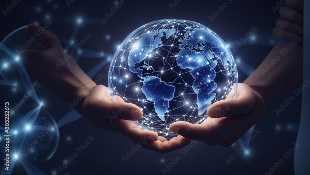 The image is of a person holding a glowing blue globe in their hands. The image is of a person holding a glowing blue globe in their hands.