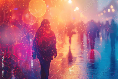 A person is walking down a street in the rain, with a group of people walking behind them. The scene is blurry and colorful, giving it a dreamy, ethereal quality. Scene is somewhat melancholic