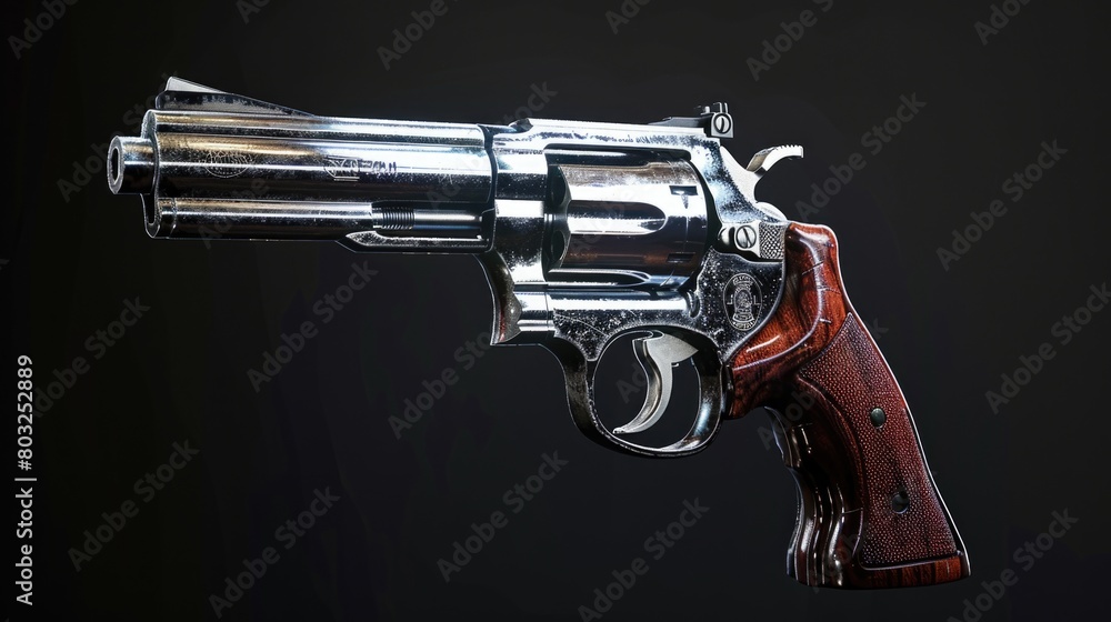 A detailed close up of a revolver on a dark black background. Suitable for crime and weapon-related themes
