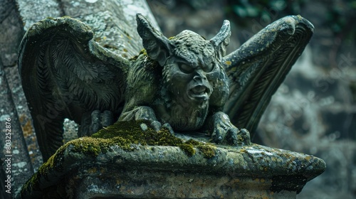 Moss-covered stone gargoyle in a mysterious  ancient setting exudes a gothic charm