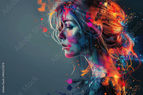 A woman with colorful hair and makeup is the main focus of the image. The colors are vibrant and the woman's face is the center of attention. Scene is lively and energetic