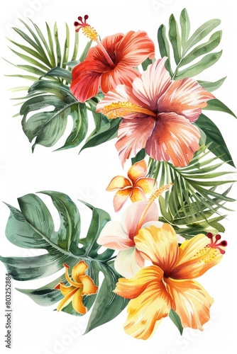 Beautiful watercolor painting of vibrant tropical flowers and leaves. Perfect for botanical illustrations or nature-themed designs